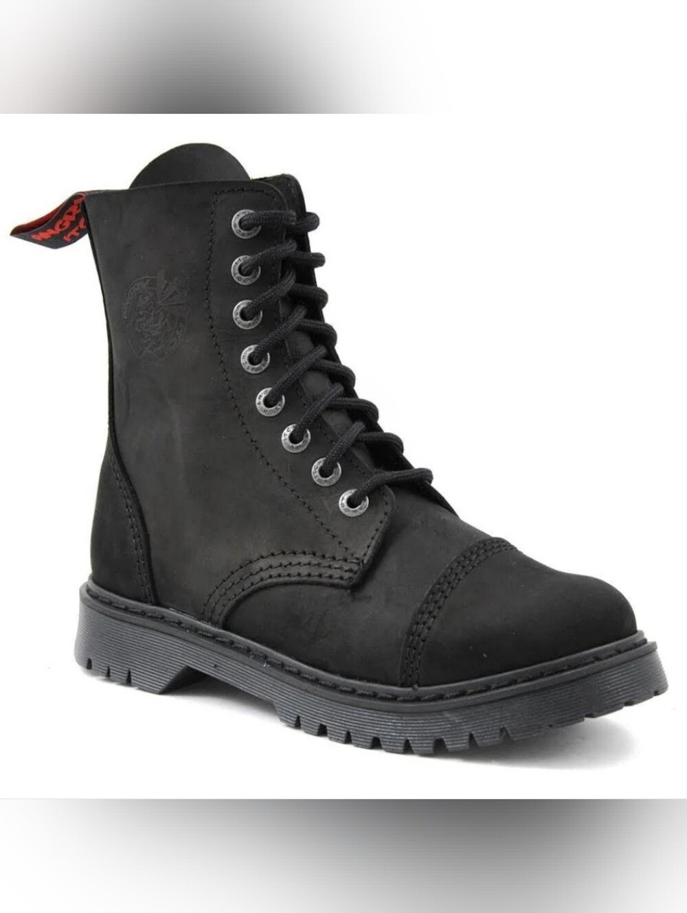ANGRY ITCH, 8 Hole Vintage Black Gothic Punk Army Ranger Leather Boots, NWOT
